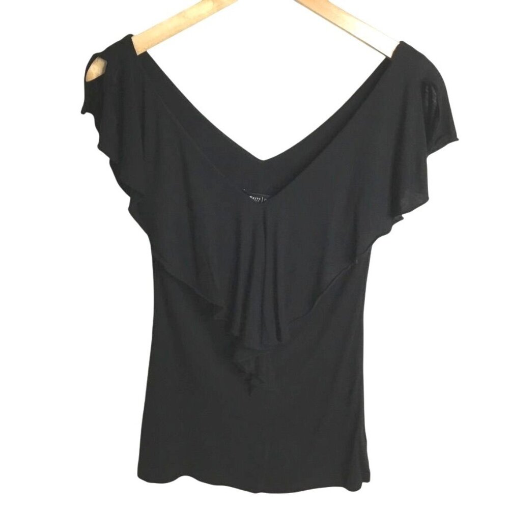 WHITE HOUSE BLACK MARKET Black Plunging V-Neck Ruffle Top Women Soft Stretch S